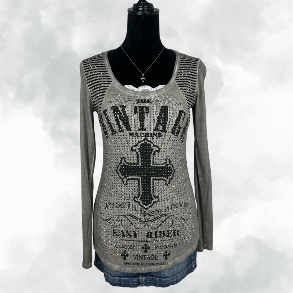 Vocal Gray Y2k Vintage Grunge Graphic Motorcycle 100% Cotton Long Sleeve Top